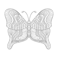 Decorative cute butterfly with striped and wavy pattern on wings. Insect illustration on white isolated background. For coloring book pages.