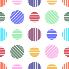 Striped round shapes of red, blue, yellow, orange, green, pink colors on white background. Seamless geometry abstract pattern. Suitable for wrapping, textile, wallpaper.