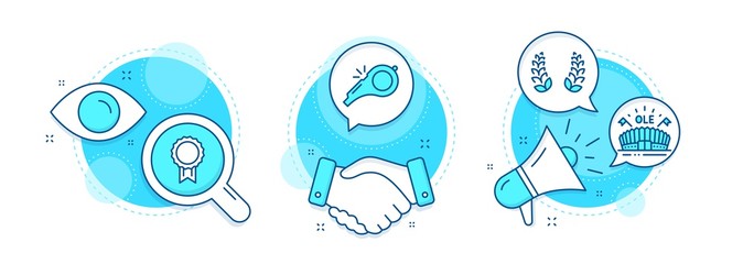 Whistle, Laurel wreath and Sports arena line icons set. Handshake deal, research and promotion complex icons. Reward sign. Kick-off, Laureate reward, Event stadium. Best medal. Sports set. Vector