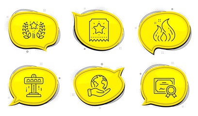 Loyalty ticket sign. Diploma certificate, save planet chat bubbles. Attraction, Ranking and Fire energy line icons set. Free fall, Laurel wreath, Flame. Bonus star. Technology set. Vector