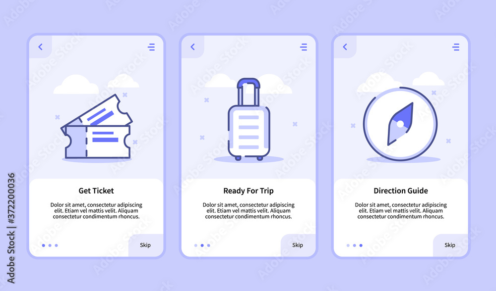 Aufkleber trip onboarding screen modern user interface ux ui template for mobile apps smartphone get ticket re