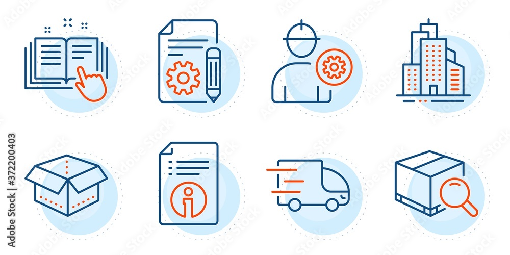 Poster engineer, technical info and open box signs. search package, skyscraper buildings and technical docu