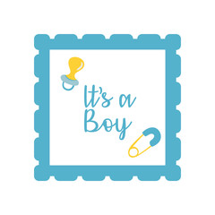 baby shower frame card with pacifier and lettering its a boy hand draw style