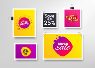 Special offer, 50% discount and super sale. Frames with promotional banners. Discount banner with speech bubble. Get extra 75% badge. Photo frames and sale offers. Vector