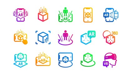 VR simulation, Panorama view, 360 degrees. Augmented reality icons. Virtual reality gaming, augmented, full rotation arrows icons. Classic set. Gradient patterns. Quality signs set. Vector