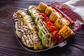 appetizing fresh grilled vegetables in a cast iron skillet