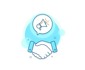 Advertisement device symbol. Handshake deal complex icon. Megaphone line icon. Brand ambassador loudspeaker sign. Agreement shaking hands banner. Megaphone sign. Vector