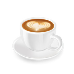 Cappuccino with froth, decorated with heart of milk, in white cup and saucer.