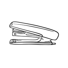 A sketch of the stapler. Stationery, office supplies for paper binding. Engraving style. Digital drawing. Side view. Hand drawn and isolated on white. Black and white vector illustration