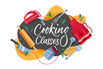 Cooking class banner design. Hand drawn calligraphy lettering and kitchen tools on blackboard. Vector illustration