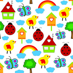 Bright pattern of rainbow, birdhouse, chicken, house, tree, butterfly, ladybug and clouds