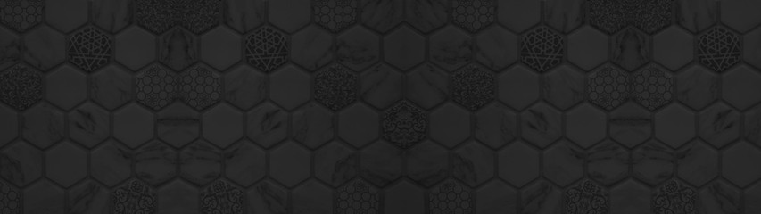 Abstract dark black anthracite seamless geometric modern tile mirror made of hexagonal hexagon tiles texture background banner panorama