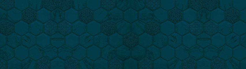 Abstract dark blue green seamless geometric modern tile mirror made of hexagonal hexagon tiles...