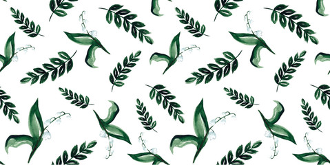 Watercolor seamless pattern with green leaves and lilies of the valley in vintage style for fabrics, paper, textile, gift wrap isolated on white background