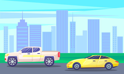 Cityscape with modern architecture and contemporary skyscrapers. Highway with cars. Vehicles riding along skyline of big city or town Urban landscape with road and transport. Vector in flat style
