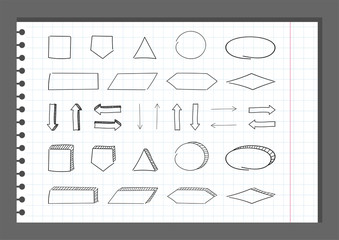 block diagram flowchart vector collection. mindmap set of hand-drawn system structure elements circle oval rectangle square arrow in sketch doodle outline style.