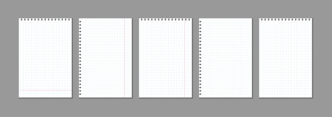 set of vector blank checkered sheets for notes. blank template mock ready for notes messages. collection of spiral plaid notepad on spring copy space for your text
