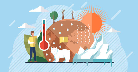 Global warming illustration, environment pollution, global warming heating impact concept. Change climate concept. Vector with tiny people and floral elements. World Environment Day, sun ecology