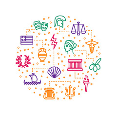 Greek Concept Thin Line Color Round Design Template. Vector