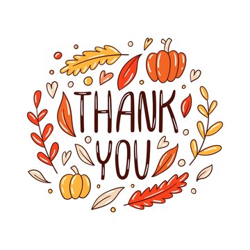 Thank you - Hand drawn lettering with decorative autumnal elements of pumpkin, branches, leaves, hearts - Fall thanksgiving mood - Vector isolated on white
