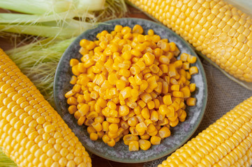 plate of canned crumbly corn and peeled cobs around it
