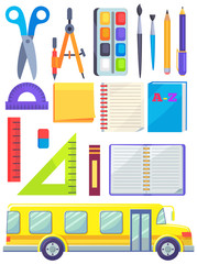 School supplies and bus for children vector. Scissors and notebook, mathematics devices, paintbrush and palette for art lessons. Ruler and eraser. Back to school concept. Flat cartoon