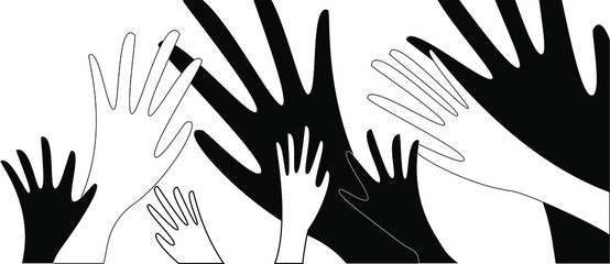 
Black and white vector image. Human palms are black and white, large and small. The idea of ​​equality of all races, ages, sexes, religions.