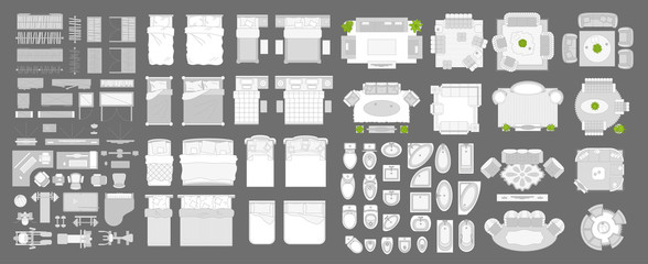 Icons set of interior. Furniture top view. Elements for the floor plan. (view from above). Furniture and elements for living room, bedroom,  bathroom, office.