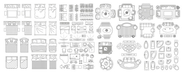 Set of linear icons. Interior top view. Furniture and elements for living room, bedroom, bathroom. Floor plan (view from above). Furniture store. © Алексей Шпадарук