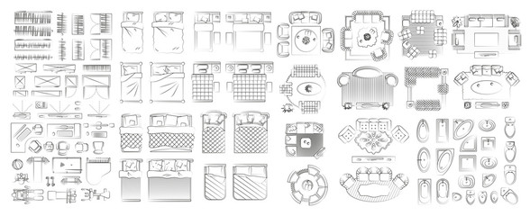 Set of linear icons. Interior top view. Furniture and elements for living room, bedroom, bathroom. Floor plan (view from above). Furniture store.