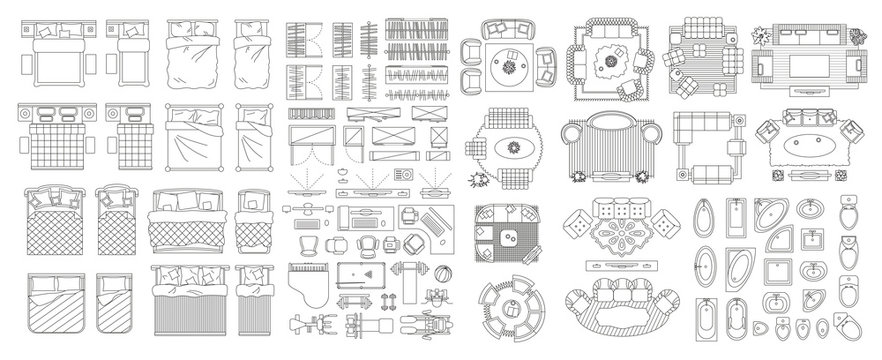Set of linear icons. Interior top view. Furniture and elements for living room, bedroom, bathroom. Floor plan (view from above). Furniture store.