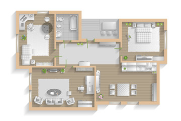 Apartment floor plan. (top view) Furnished flat. (view from above) Interior architecture. Living room, bedroom, kitchen, bathroom, office.  - obrazy, fototapety, plakaty