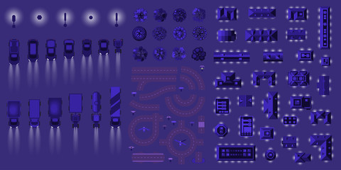 Vector isolated set. Night city. Top view. Collection for the night cityscape. House, car, lantern, tree, road. View from above.  © Алексей Шпадарук