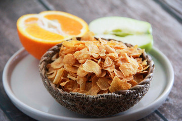 dry Breakfast muesli and fruit Apple a orange