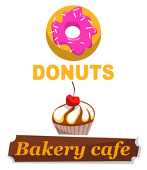 Donuts and bakery cafe signboards vector, isolated set of products made of cream. Creamy muffin with cherry decoration on top, boards with inscription