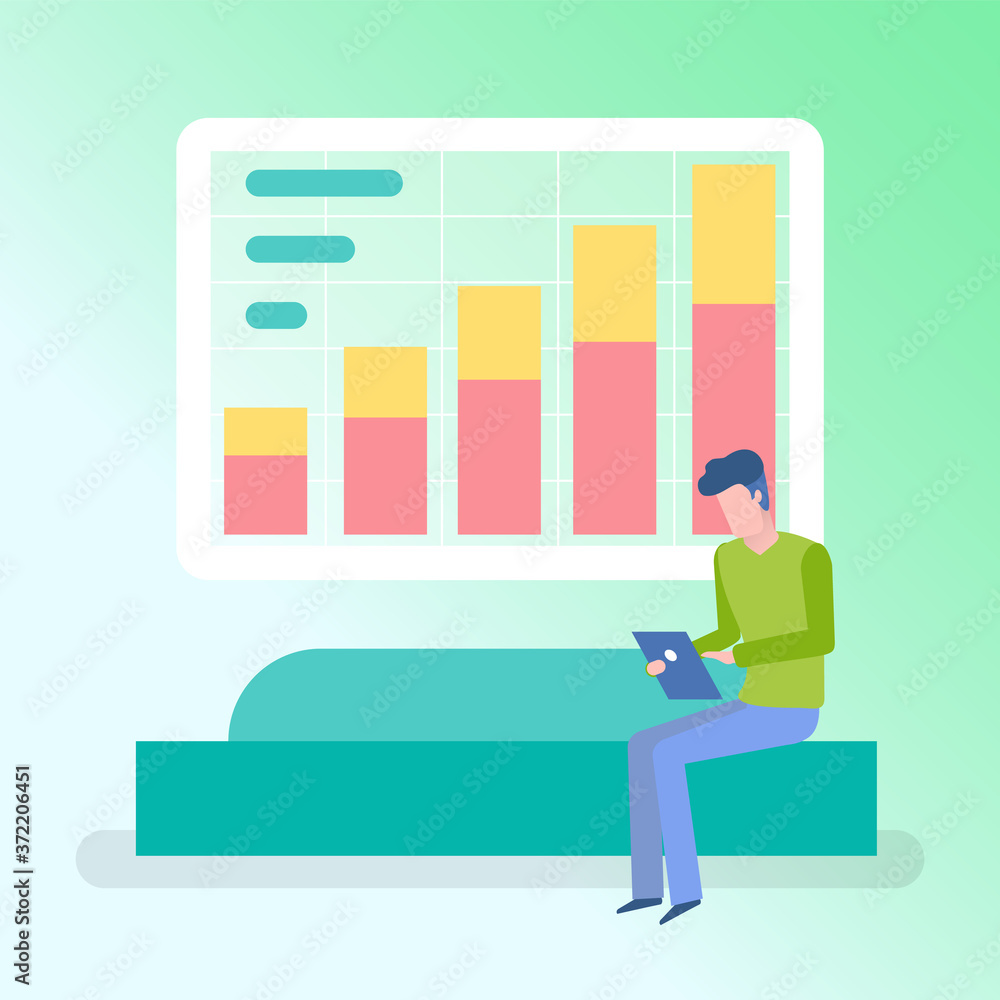 Poster working man using tablet vector, digital information decision person sitting on couch using laptop a