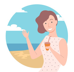 Young girl with cup of offee on seaside background. Woman in polka dot shirt portrait. Stylish female on sandy beach, ocean coast posing vector illustration