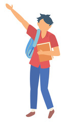Schoolboy raising hand up vector, isolated personage holding books carrying satchel on shoulders. Character at school, education kid gesturing flat style. Back to school concept. Flat cartoon