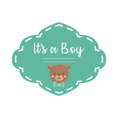 baby shower frame card with bear teddy and lettering its a boy hand draw style