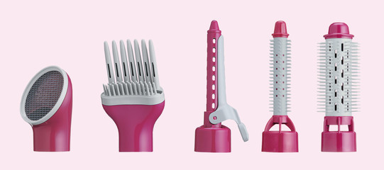 Set of hair dryer head on sweet pink background. Hair Blow, Curling iron, hair straightener. Hot...