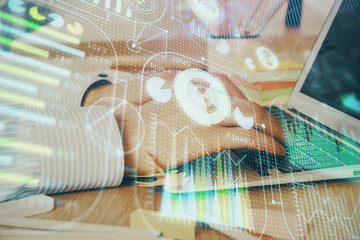 Businessman working on Laptop with technology theme drawing. Concept of big data. Double exposure.