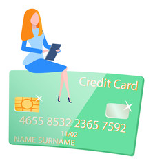 Credit card and woman worker, gambling money. Plastic modern equipment for paying, wireless cash and character, business success, banking icon vector