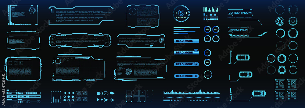 Poster set of futuristic digital hud elements for user interface. callouts, frames, pointers, circles, arro