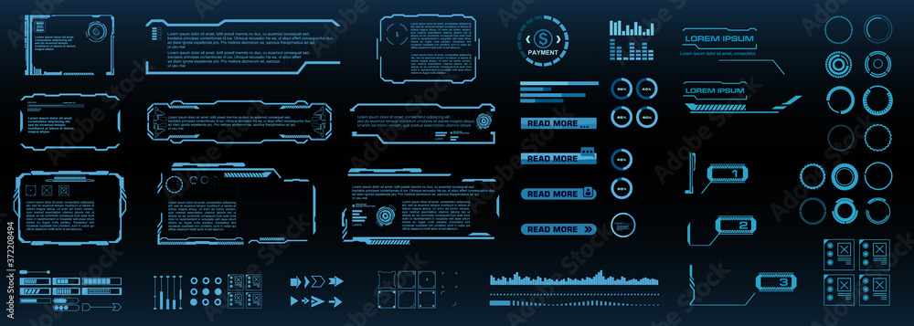 Poster set of futuristic digital hud elements for user interface. callouts, frames, pointers, circles, arro
