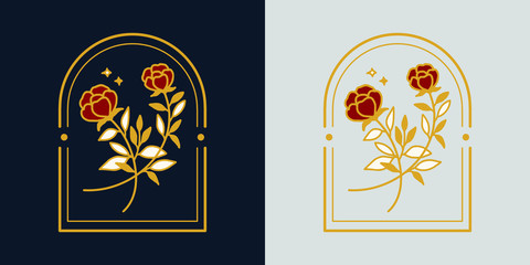 Vector feminine logo design templates in trendy linear minimal style. Peony, rose flowers and botanical leaf branch. Emblem, symbols and icons for cosmetics, jewellery, beauty and handmade products