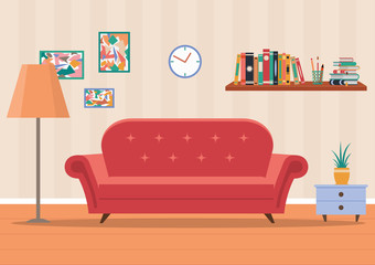 Living room interior in home. Design of cozy room with sofa, lamp, clock, flower, books. Flat illustration of livingroom with furniture for guest. Cartoon lounge background