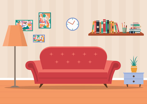 Living room interior in home. Design of cozy room with sofa, lamp, clock,  flower, books. Flat illustration of livingroom with furniture for guest. Cartoon  lounge background Stock Vector | Adobe Stock