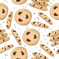 Cookies seamless pattern. American oatmeal cookies with chocolate. Food and drink for Santa Claus, doodle cartoon design textile, wrapping paper, wallpaper vector texture packaging