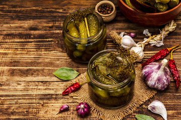 Marinated pickled cucumbers with spices and herbs