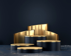 Abstract deep blue and gold stage platform, for advertising product display, 3d rendering.